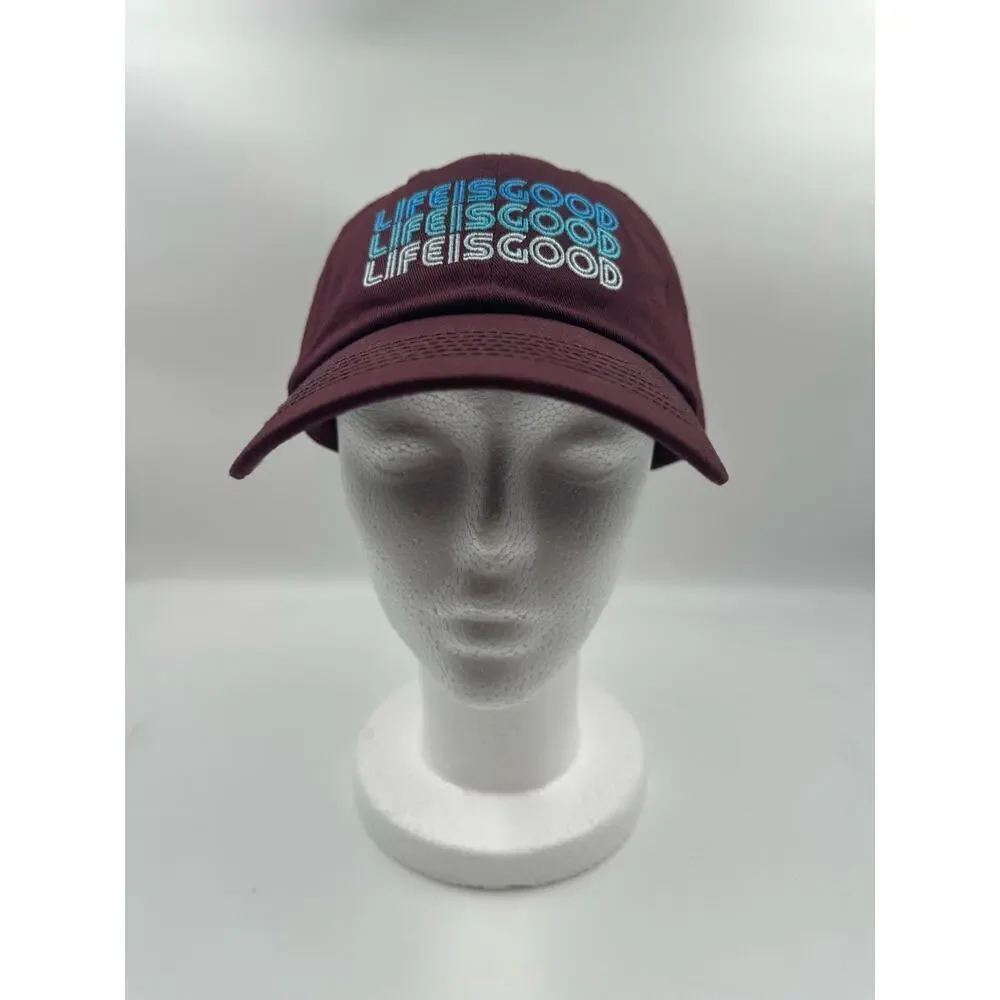 NWT Life Is Good Strapback Hat Cap Beach Golf Relax Maroon Blue Words